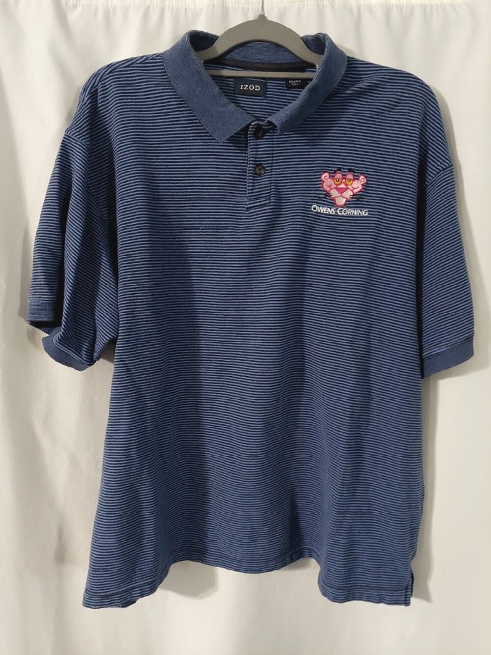 Izod Owens Corning Pink Panther Polo Shirt Size XXL Blue Striped READ Embroidere
